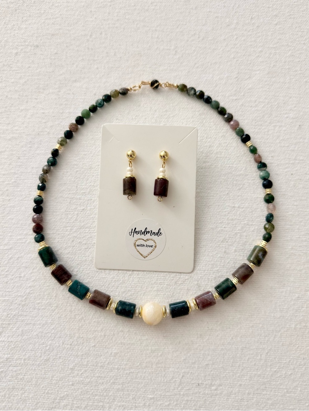Handmade Mixed Fancy Jasper Necklace & Earring Set with Gold Accents